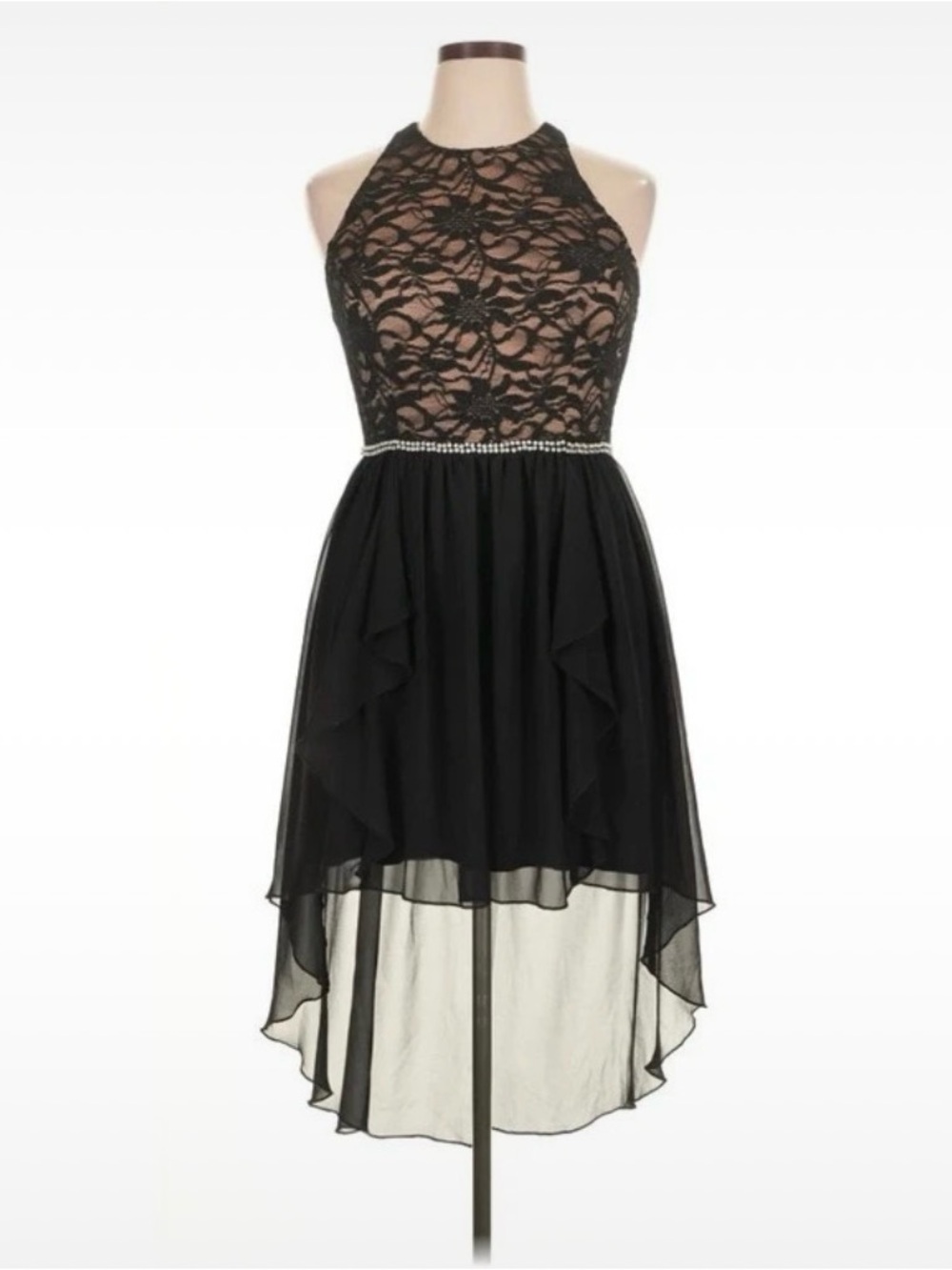 City Studio Black Lace Halter High-Low Dress with Beaded Waist